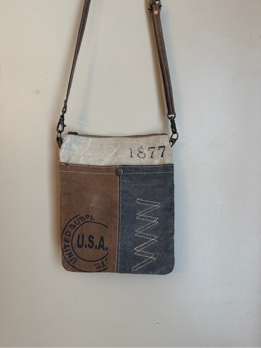 Myra Bag Gray Brown Canvas Leather Crossbody Shoulder Bag Boho Western Stamped